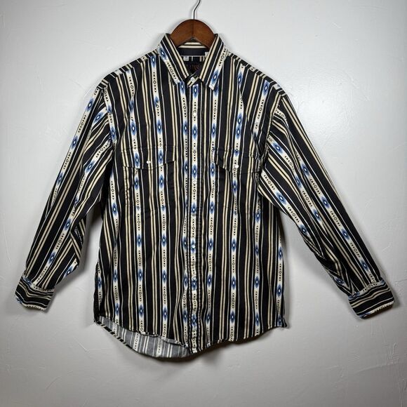 Plains Western Wear Southwest Aztec Pearl Snap Shirt Medium Black Blue VTG - Picture 1 of 14